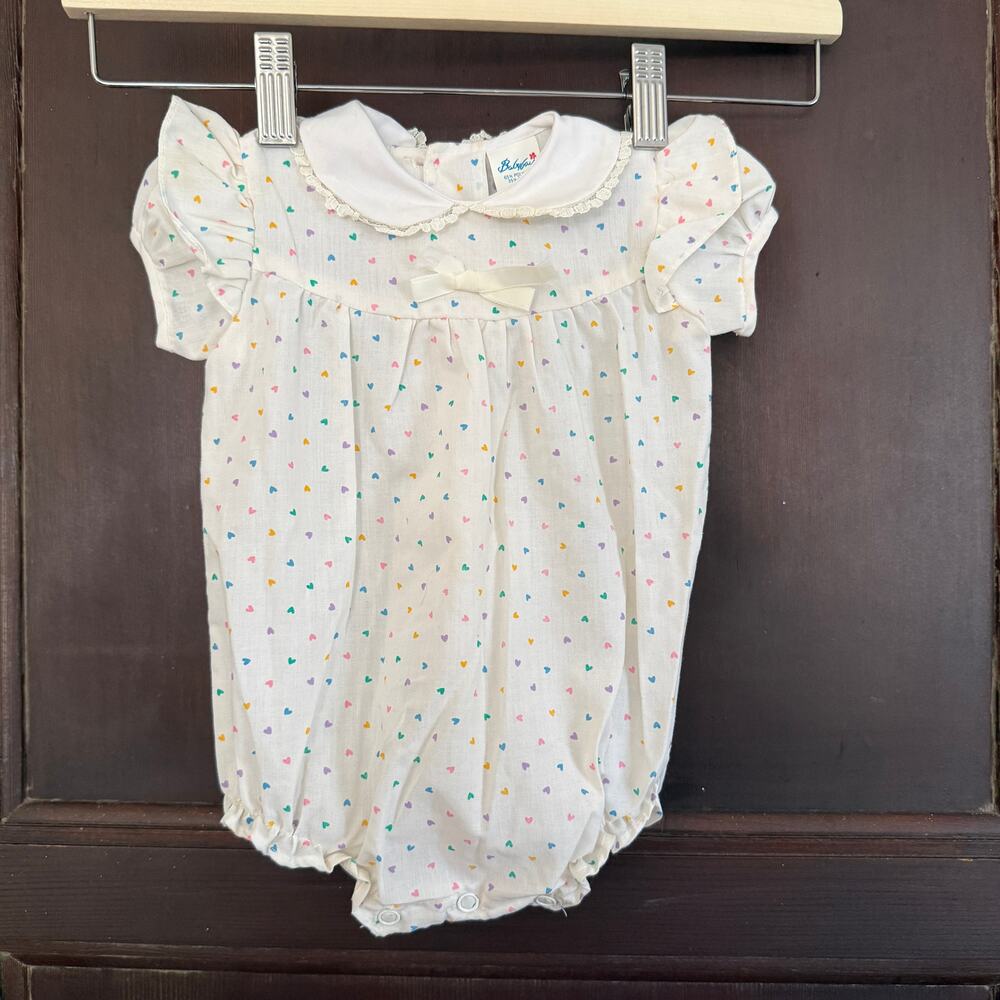 80s Vintage Babyfair White Heart Print Ruffle One Piece Playsuit  0-6 months